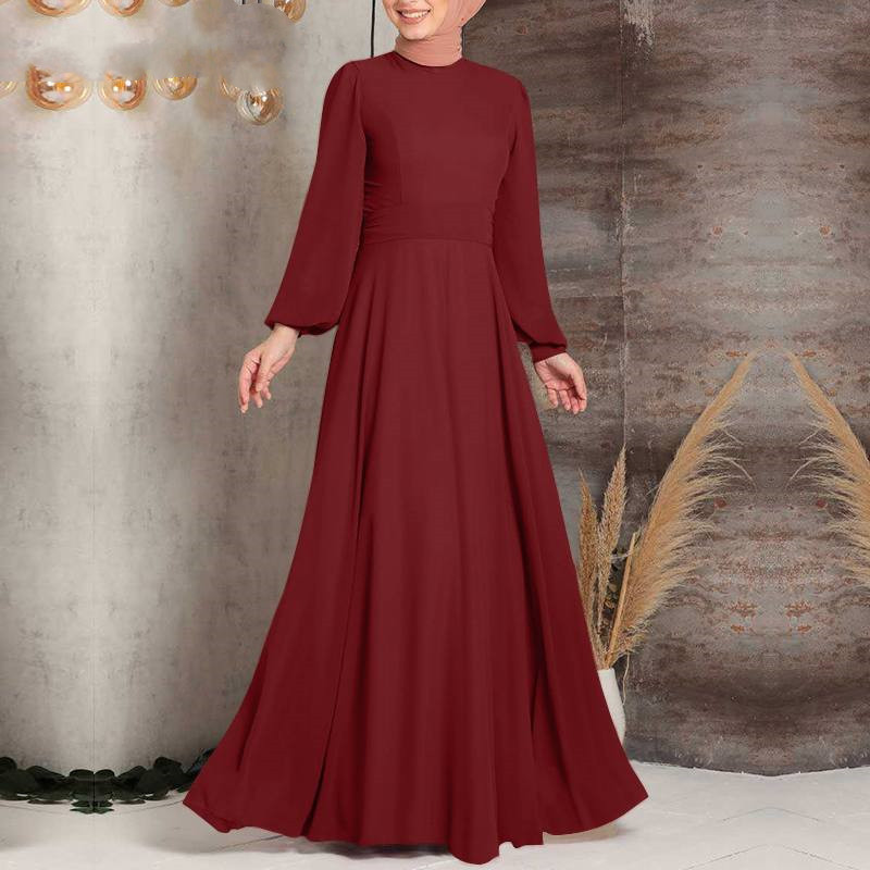 Wholesaler High-waisted Hem Lantern Sleeve Middle East Deira Dubai Muslim Women Solid Color Long Dress Abaya Burqa