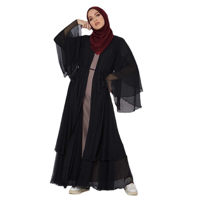 New Solid Color Open Front Muslim Women muslim Clothing Dress  Long Sleeve Pocket Robe Abay