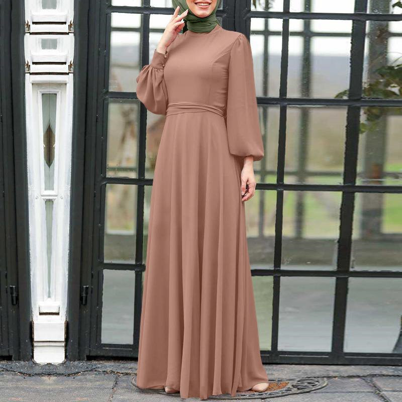 Wholesaler High-waisted Hem Lantern Sleeve Middle East Deira Dubai Muslim Women Solid Color Long Dress Abaya Burqa