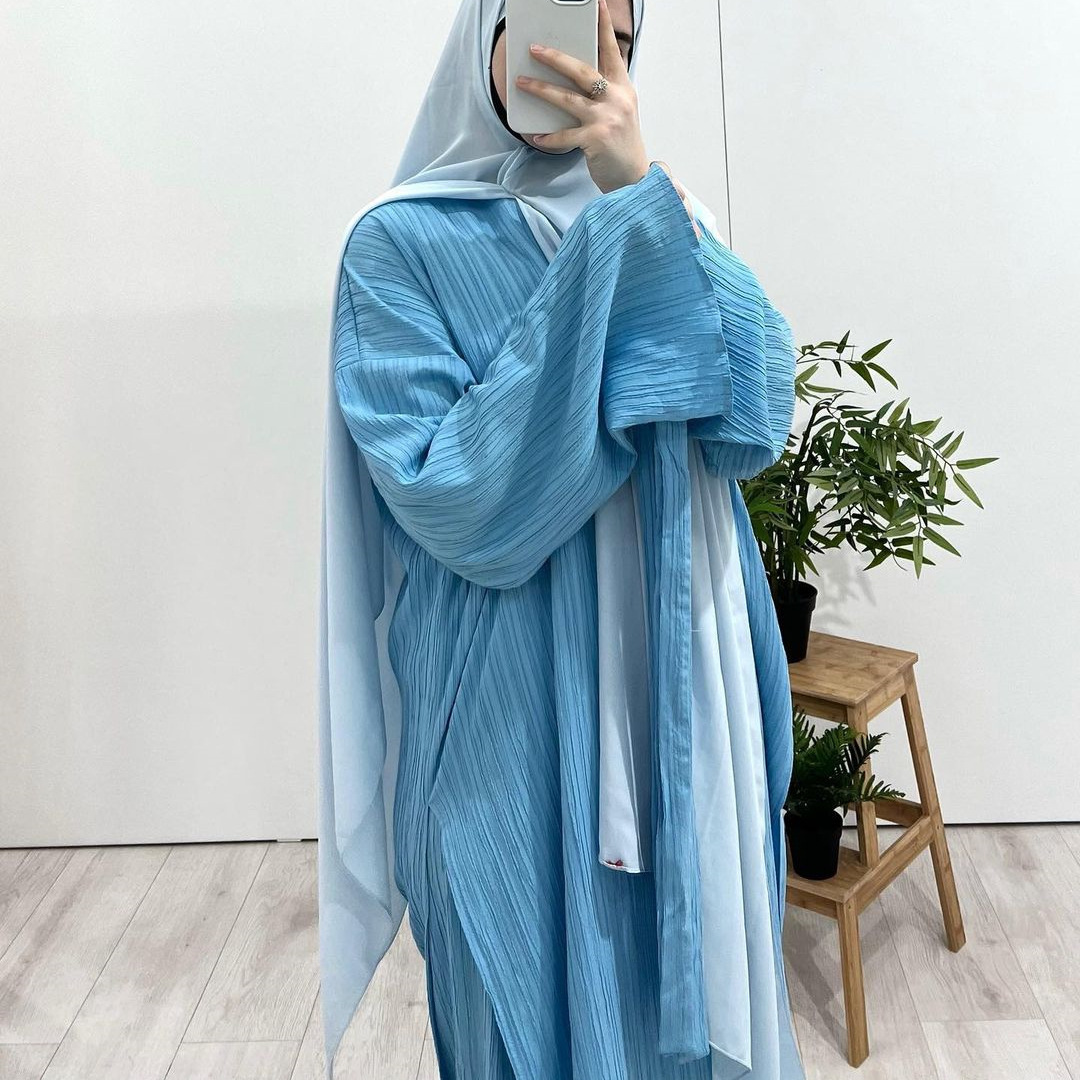 2 Piece Pleated Stripe Set Islamic Clothing Women Modest Abaya Loose Split Side Tunics Oversize Skirts set