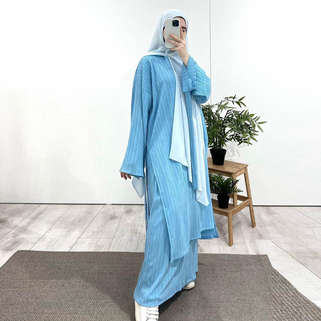 2 Piece Pleated Stripe Set Islamic Clothing Women Modest Abaya Loose Split Side Tunics Oversize Skirts set