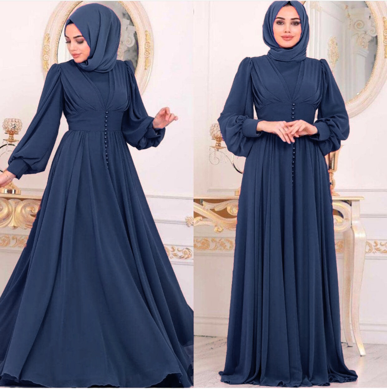 Middle Eastern Muslim women's robes Solid color chiffon studded beaded tunic dress Muslim Abaya