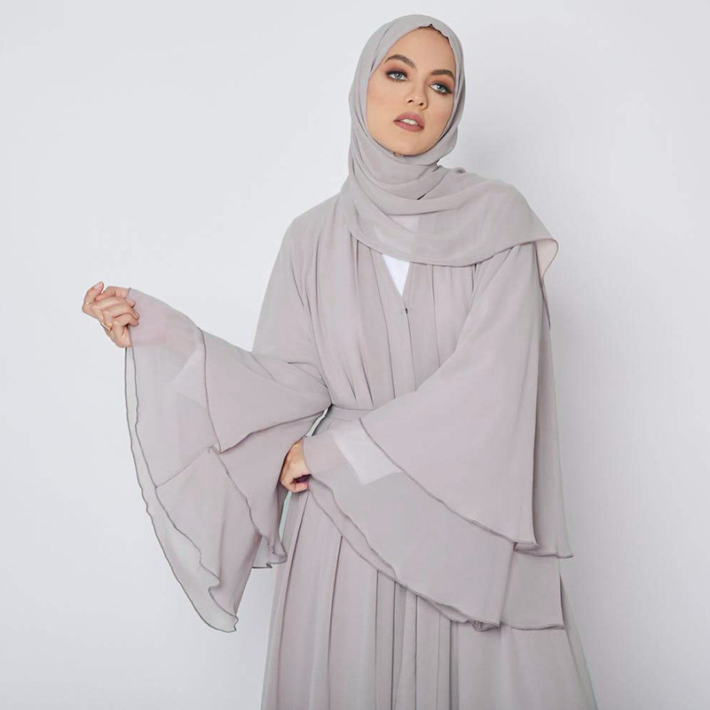 New Solid Color Open Front Muslim Women muslim Clothing Dress  Long Sleeve Pocket Robe Abay