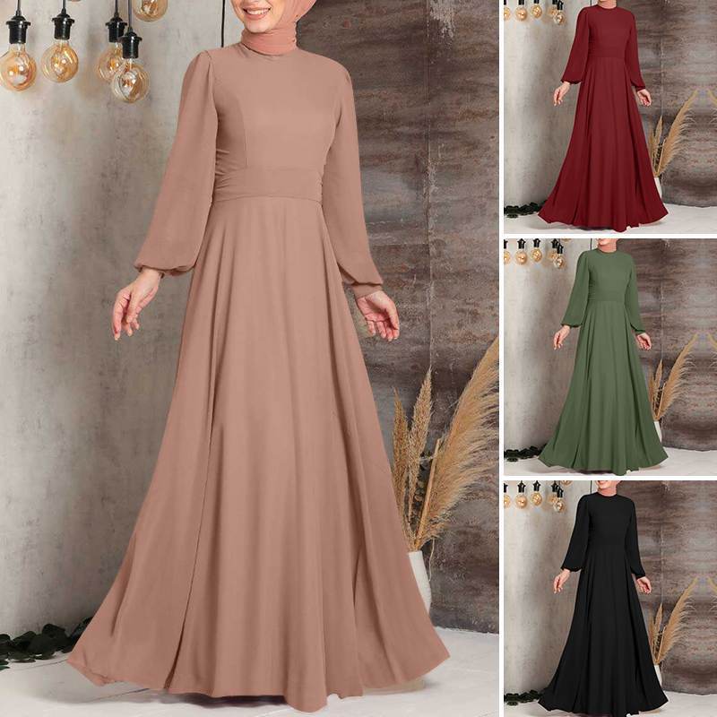 Wholesaler High-waisted Hem Lantern Sleeve Middle East Deira Dubai Muslim Women Solid Color Long Dress Abaya Burqa