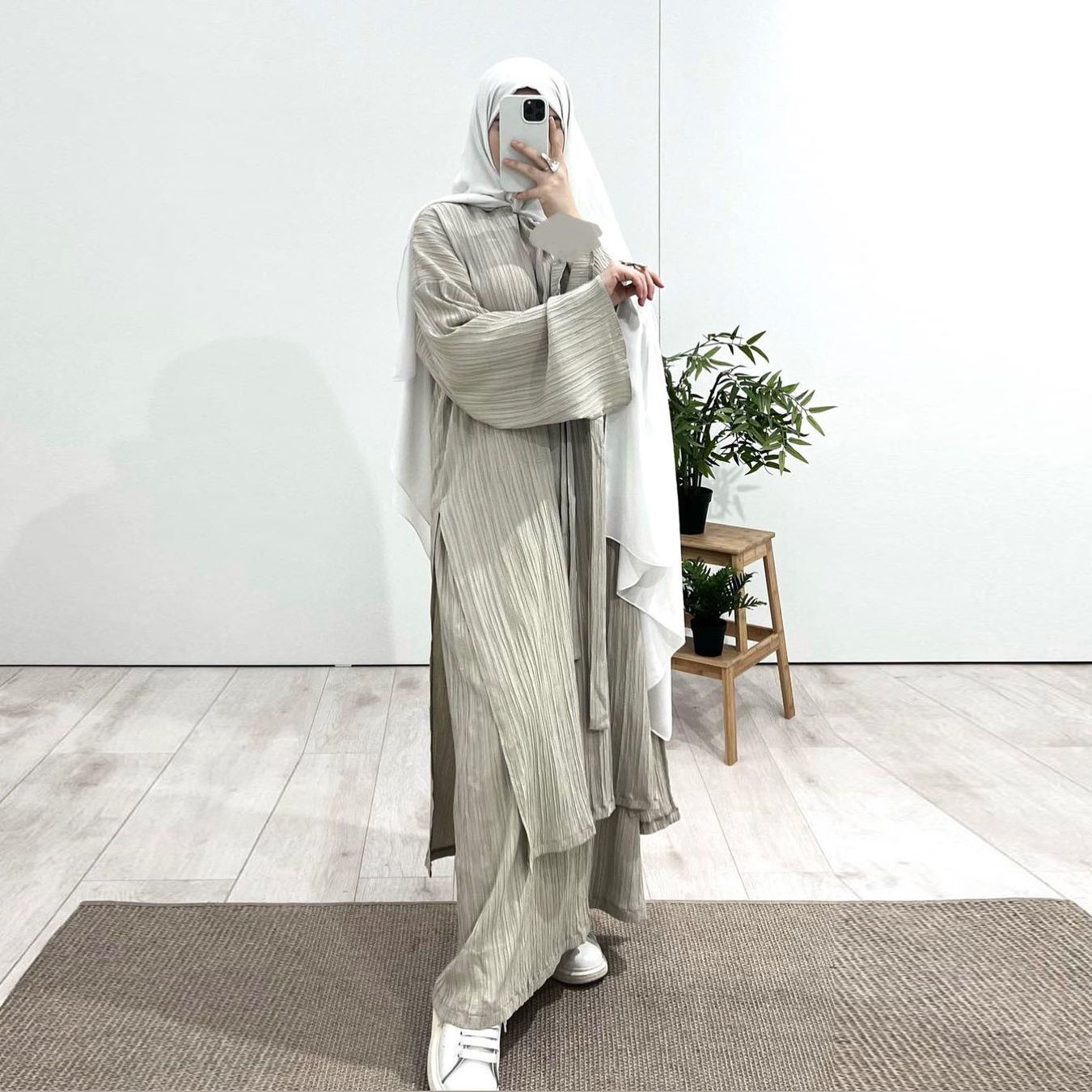 2 Piece Pleated Stripe Set Islamic Clothing Women Modest Abaya Loose Split Side Tunics Oversize Skirts set