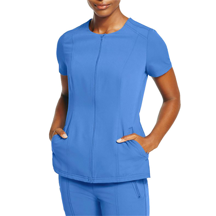 New Design Zip Round Neck Breathable Medical Nursing Scrub Tops