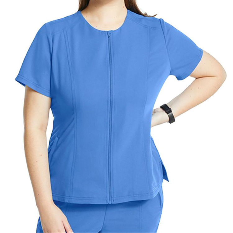 New Design Zip Round Neck Breathable Medical Nursing Scrub Tops