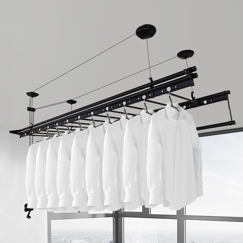 Manual Lifting Balcony Clothes Rack Hangers Retractable Ceiling Mounted Aluminium Alloy Clothes Drying Rack