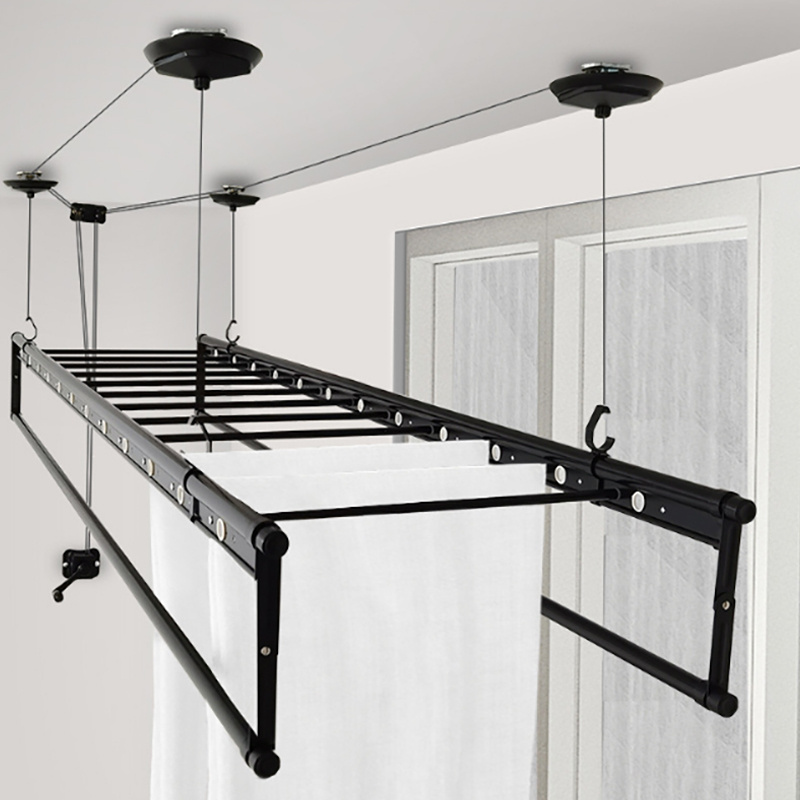 Manual Lifting Balcony Clothes Rack Hangers Retractable Ceiling Mounted Aluminium Alloy Clothes Drying Rack