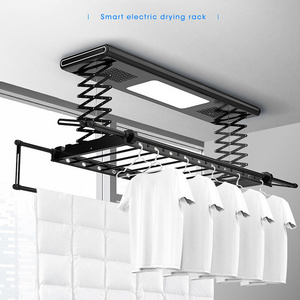 Automatic lifting ceiling mounted portable 2 layers clothes hanging rail silver aluminium electric laundry clothes drying rack