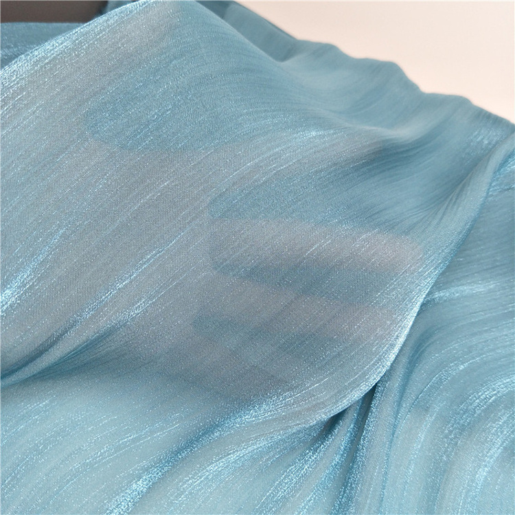 Shiny blue sheer glitter tulle chiffon fabric polyester crinkle crepe GGT crepon shot fabric for wedding evening dress