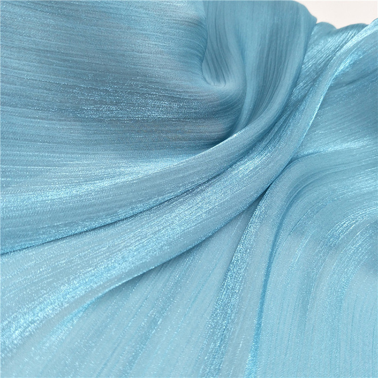 Shiny blue sheer glitter tulle chiffon fabric polyester crinkle crepe GGT crepon shot fabric for wedding evening dress