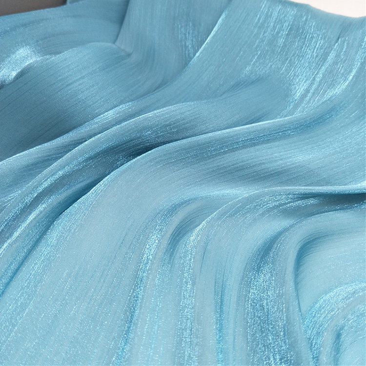 Shiny blue sheer glitter tulle chiffon fabric polyester crinkle crepe GGT crepon shot fabric for wedding evening dress