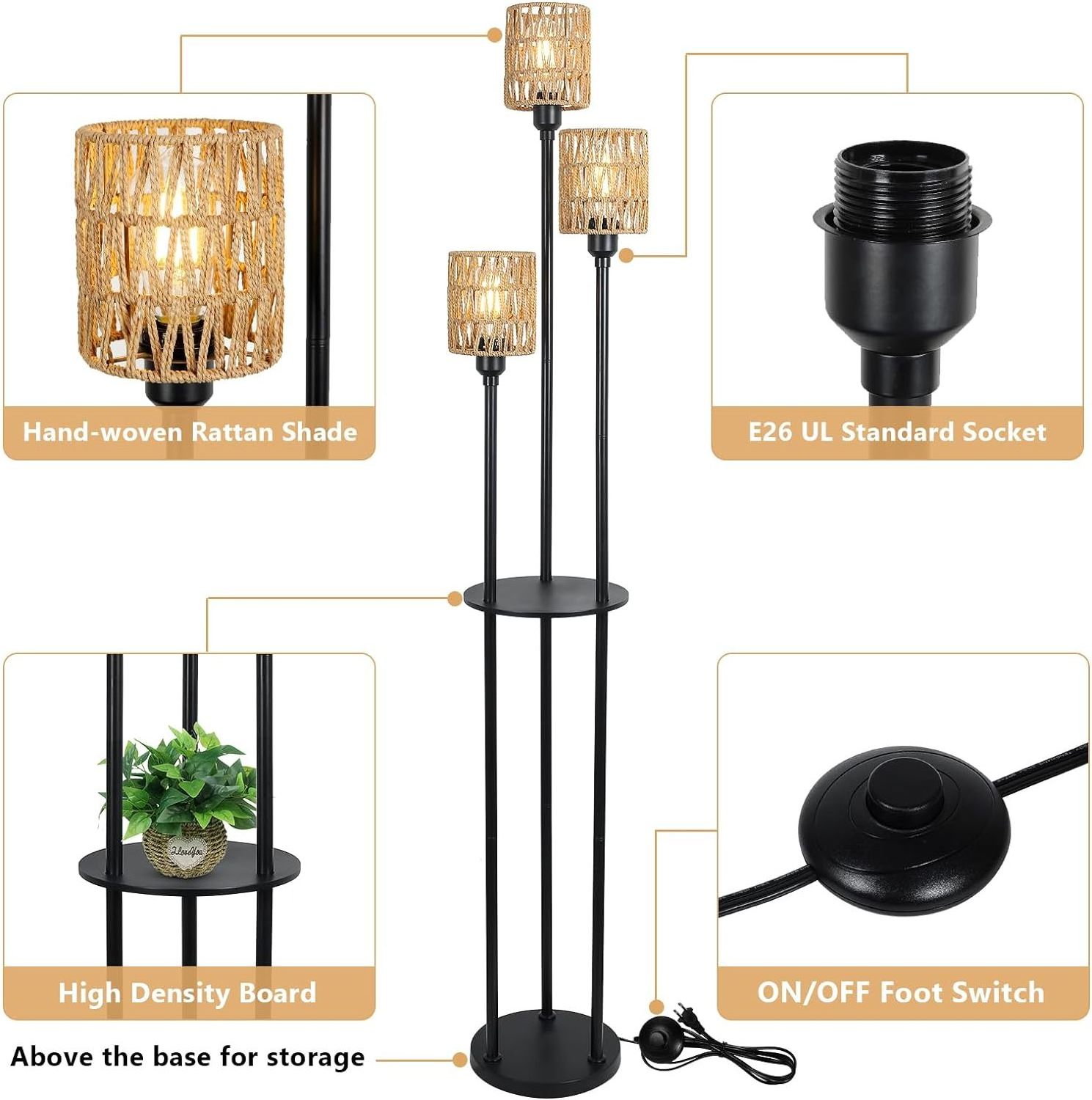 Boho Shelves 3-Lights Farmhouse Tall Floor Lamp with ON/OFF Foot Switch Rustic Standing Rattan Shades for Living Room Bedroom