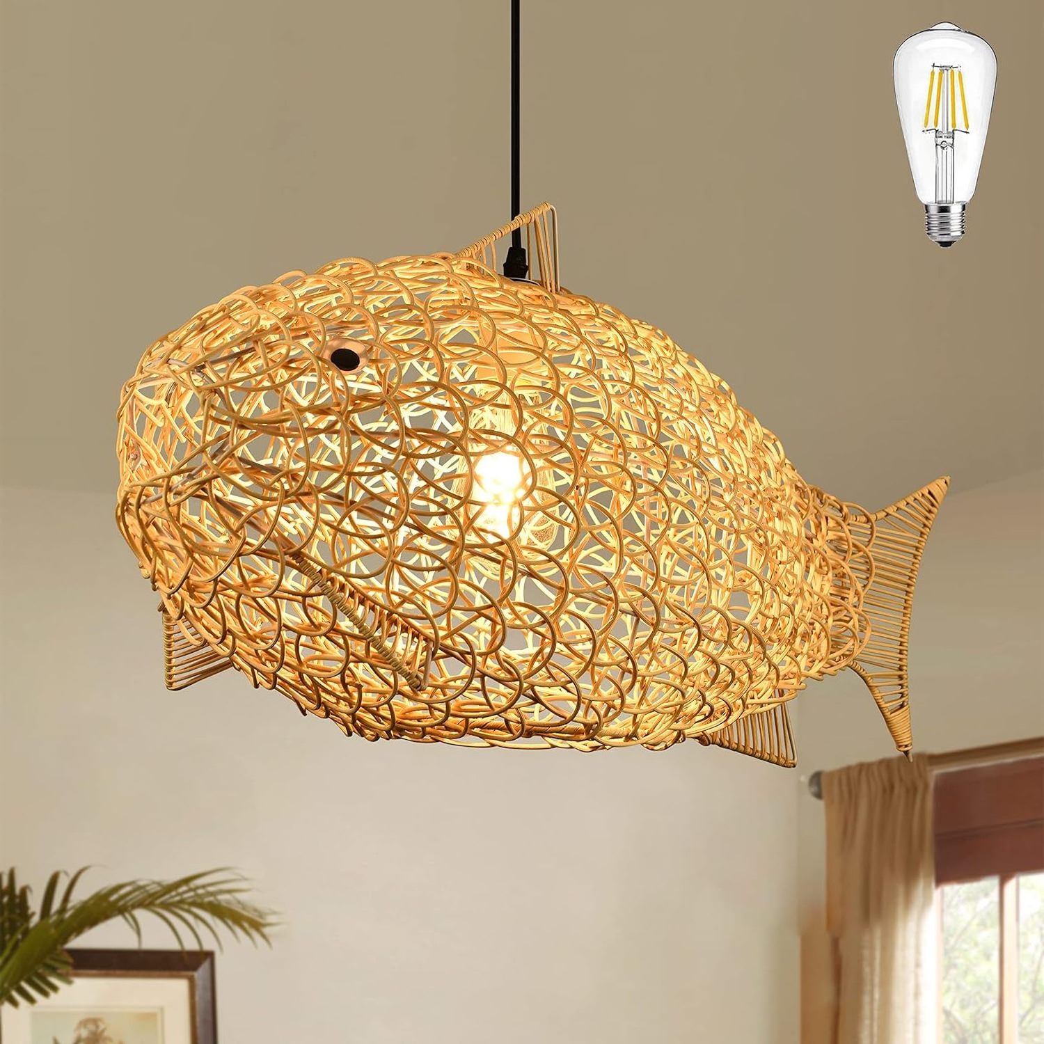 24 inch Fish-Shaped Rattan Woven Pendant Light Boho Rustic Farmhouse Chandelier Rattan Light Fixture for Dining R Living Room