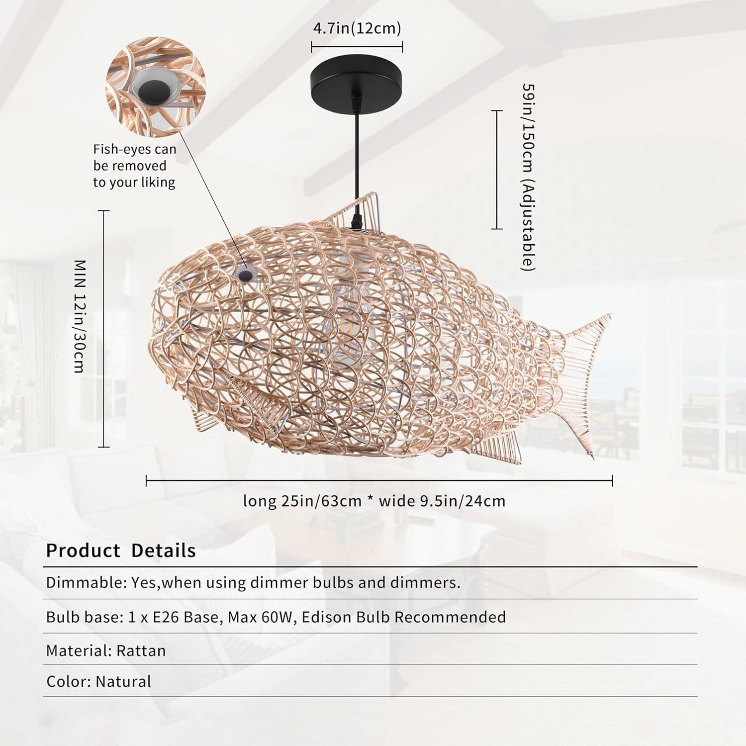 24 inch Fish-Shaped Rattan Woven Pendant Light Boho Rustic Farmhouse Chandelier Rattan Light Fixture for Dining R Living Room