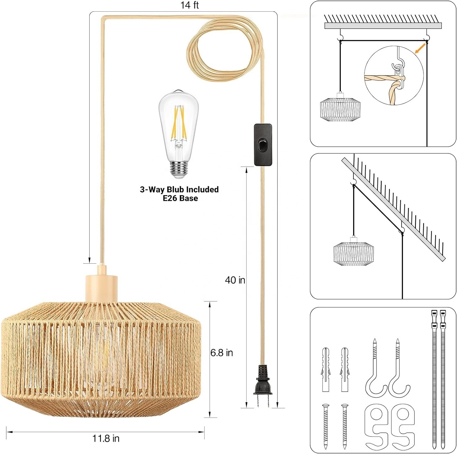 Plug in Pendant Light Paper Woven Rattan Boho Rustic Farmhouse for Kitchen Dining Room Bedroom Entryway with 3-Way Dimmable Bulb