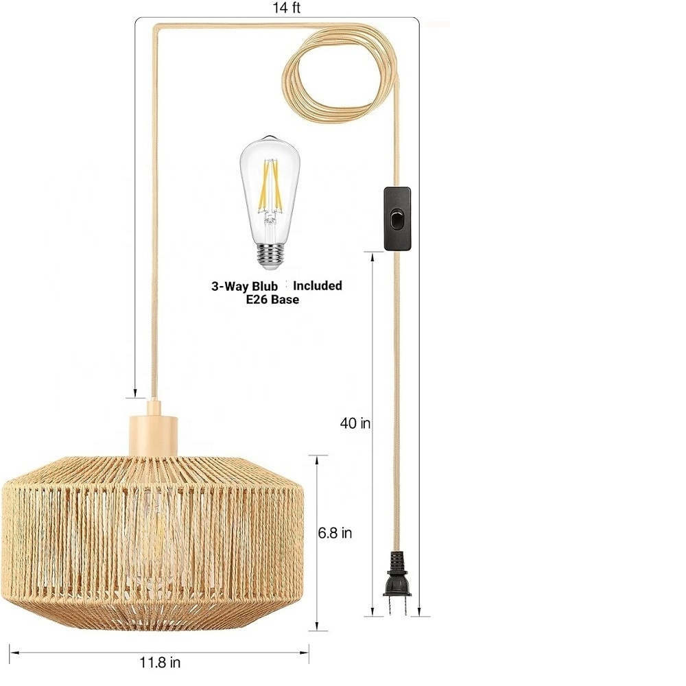 Plug in Pendant Light Paper Woven Rattan Boho Rustic Farmhouse for Kitchen Dining Room Bedroom Entryway with 3-Way Dimmable Bulb