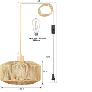 Plug in Pendant Light Paper Woven Rattan Boho Rustic Farmhouse for Kitchen Dining Room Bedroom Entryway with 3-Way Dimmable Bulb