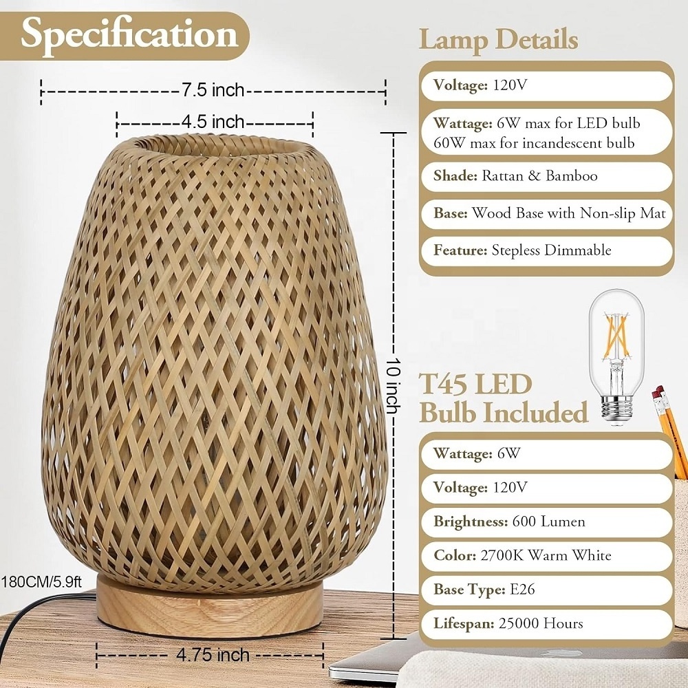 Rattan Table Lamp Stepless Dimmable Small Beside Vintage Wicker Wooden Nightstand Boho Bamboo Woven for Bedroom Living Room