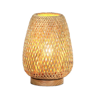 Rattan Table Lamp Stepless Dimmable Small Beside Vintage Wicker Wooden Nightstand Boho Bamboo Woven for Bedroom Living Room