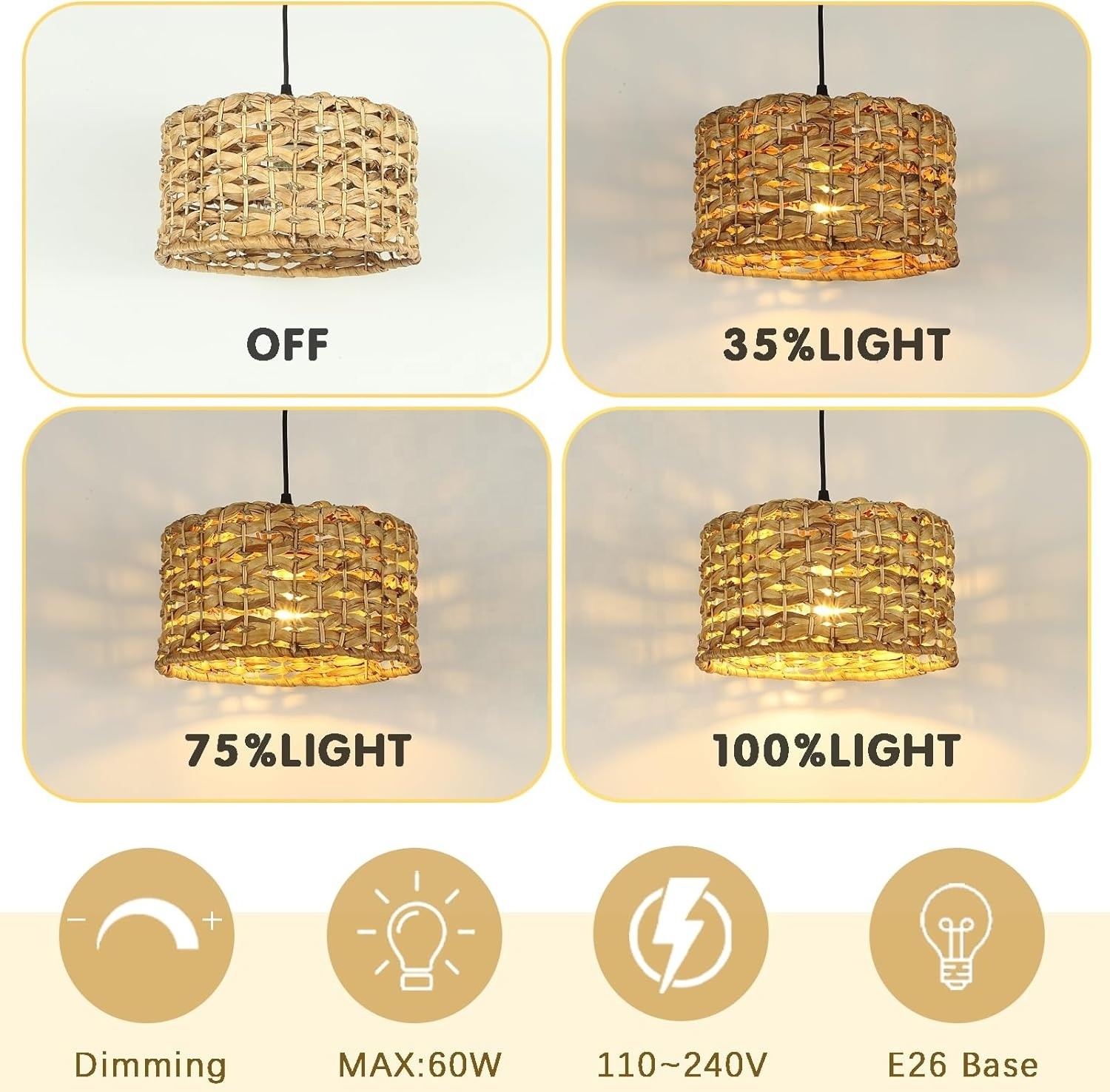 Hand-Woven Pendant Lighting Fixture Weaving Natural Rattan Farmhouse water hyacinth Chandelier for Kitchen Living Dining Room