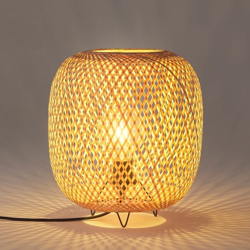 Bamboo Table Lamp simple style Small Beside Vintage Wicker Wooden Nightstand Boho Bamboo Woven for Bedroom Living Room