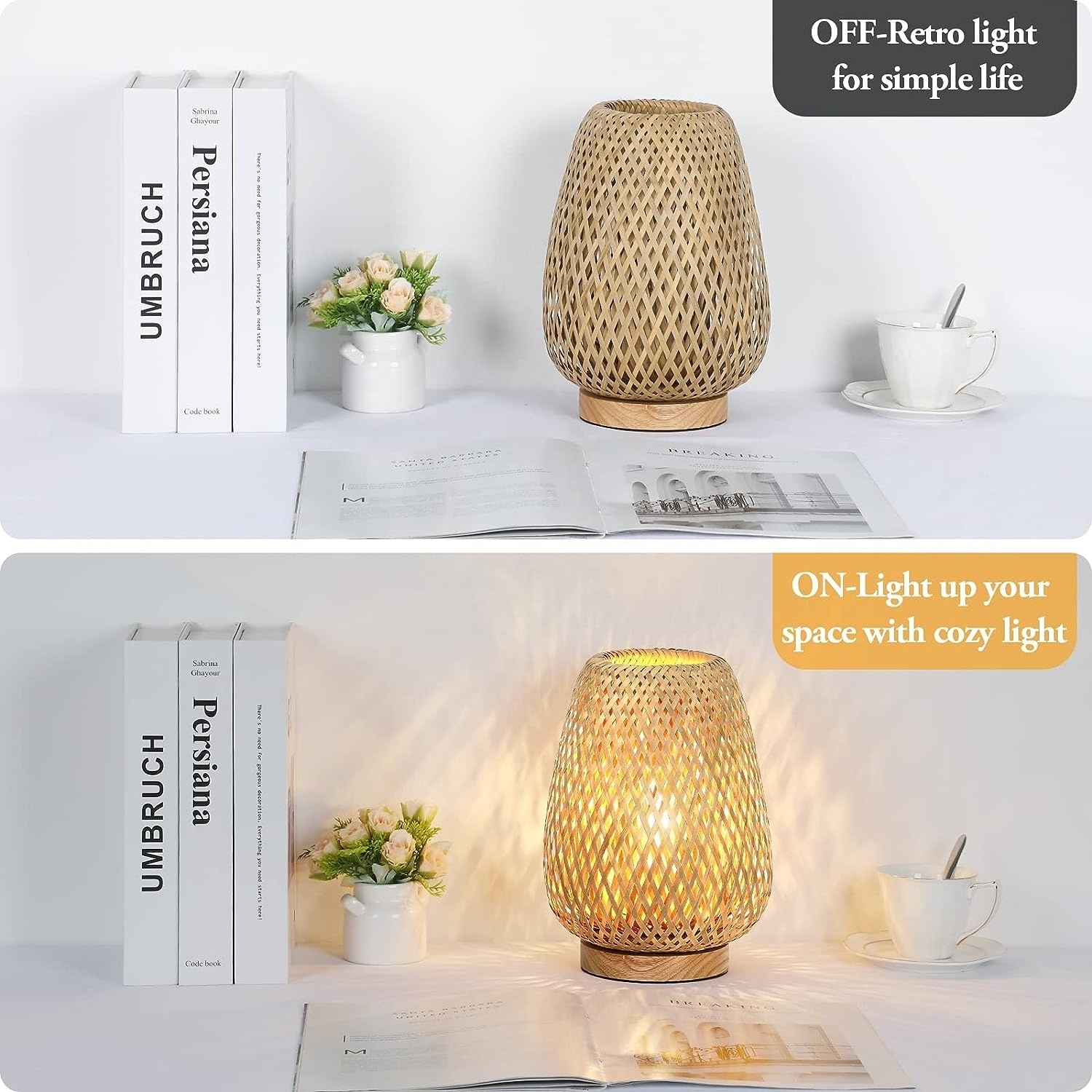 Rattan Table Lamp Stepless Dimmable Small Beside Vintage Wicker Wooden Nightstand Boho Bamboo Woven for Bedroom Living Room