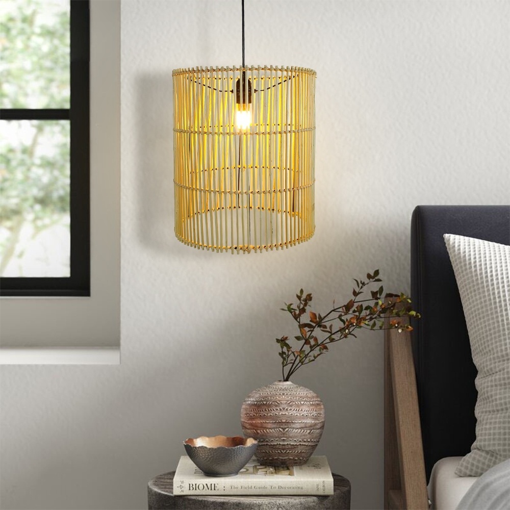 Bobai Rattan Lamp Shade E27 Base boho Lamp Cover replacement woven wicker hanging for Table Chandelier Pendant lights