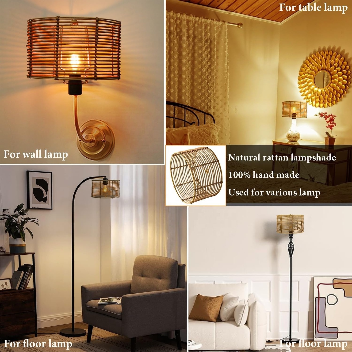 Rattan Lamp Shade E27/E14/E26/E12 Base boho Lamp Cover replacement woven wicker hanging for Table Chandelier Pendant lights