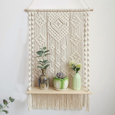 Art Decor Woven Rope Plant Hanger Macrame Wall Hanging Shelf Indoor Outdoor Macrame Wall