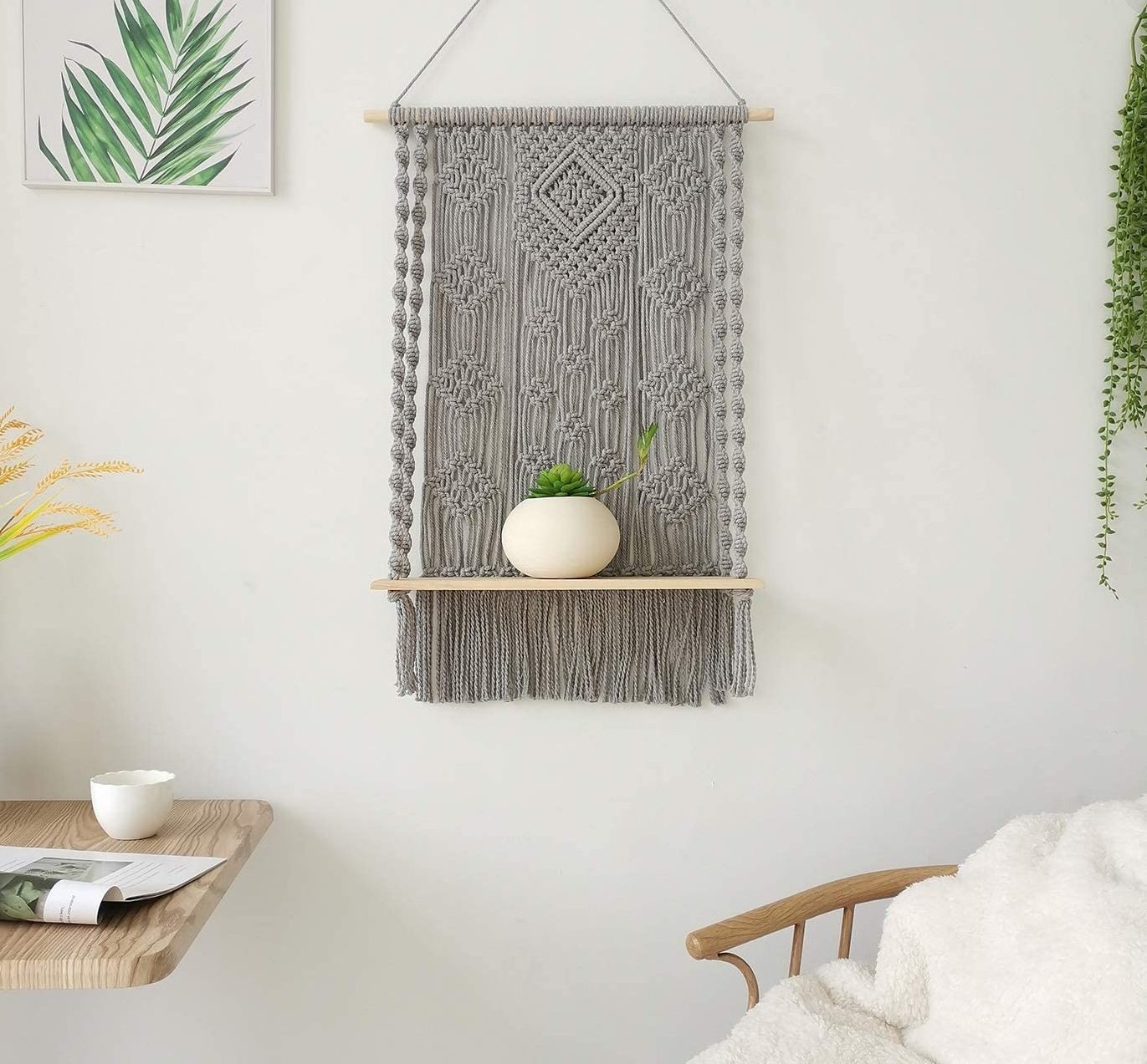 Art Decor Woven Rope Plant Hanger Macrame Wall Hanging Shelf Indoor Outdoor Macrame Wall