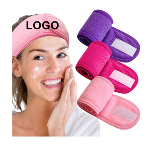 Custom Logo Adjustable Spa Facial Hairband Terry Cloth Stretch Towel Washable  Makeup Wrap Headbands With Magic Tape