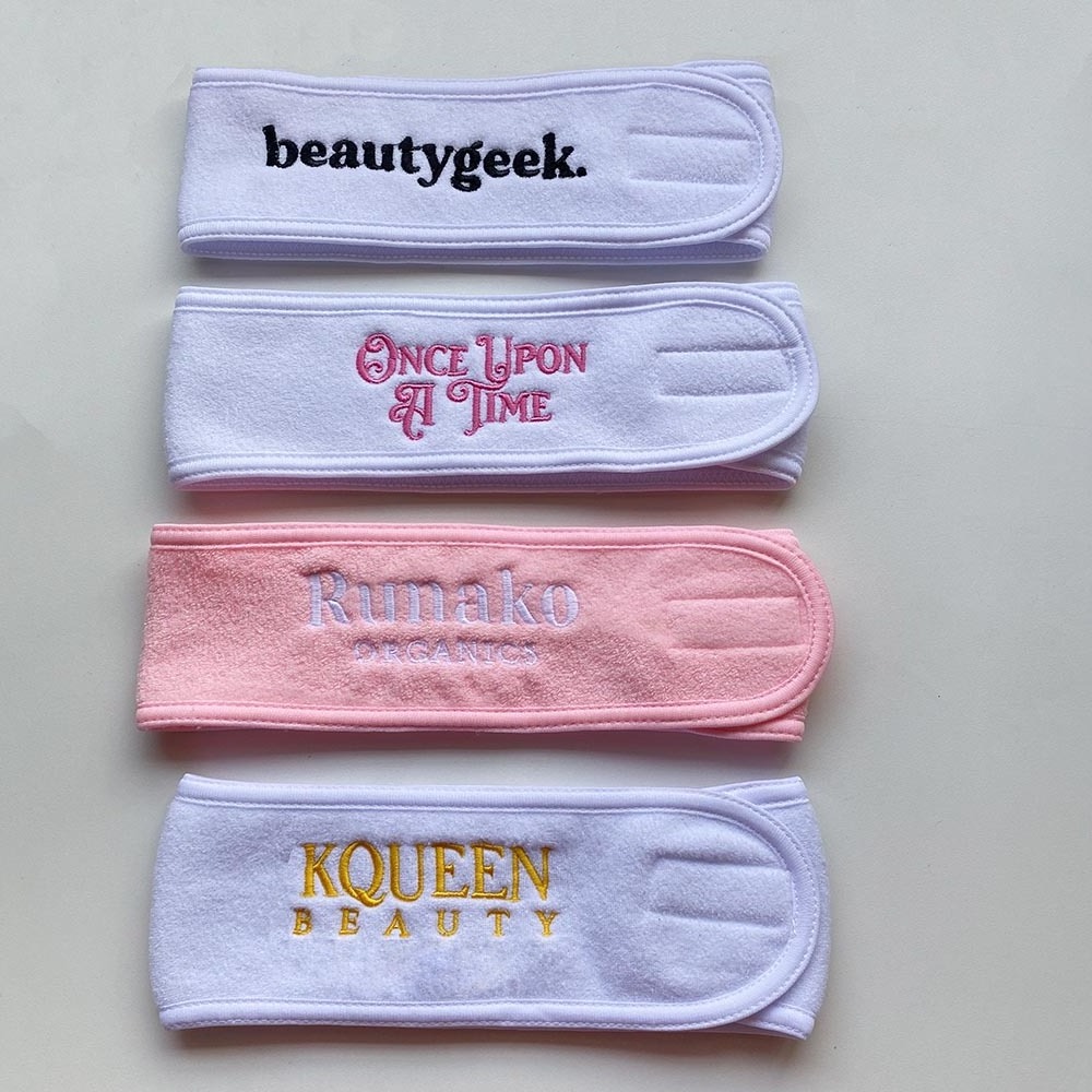 Custom Logo Adjustable Spa Facial Hairband Terry Cloth Stretch Towel Washable  Makeup Wrap Headbands With Magic Tape