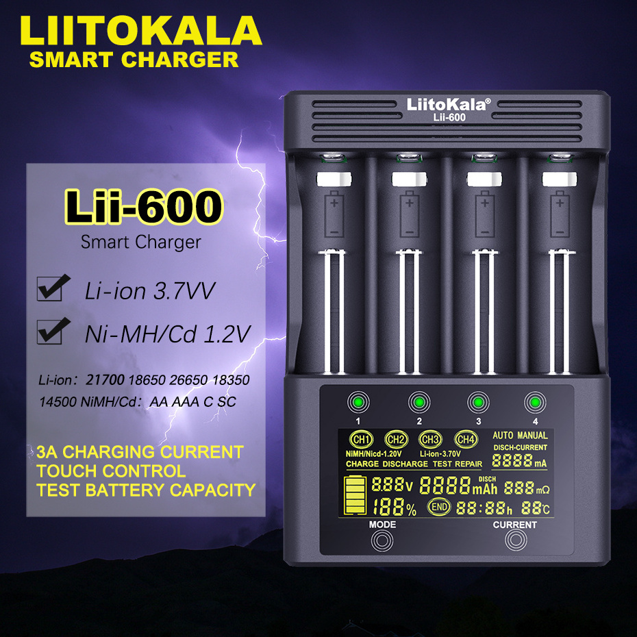 LiittKala lii 600 intelligent LCD charger is suitable for 18650 26650 21700 18350 20650 14500 lithium batteries, AA, AAA Ni-MH.