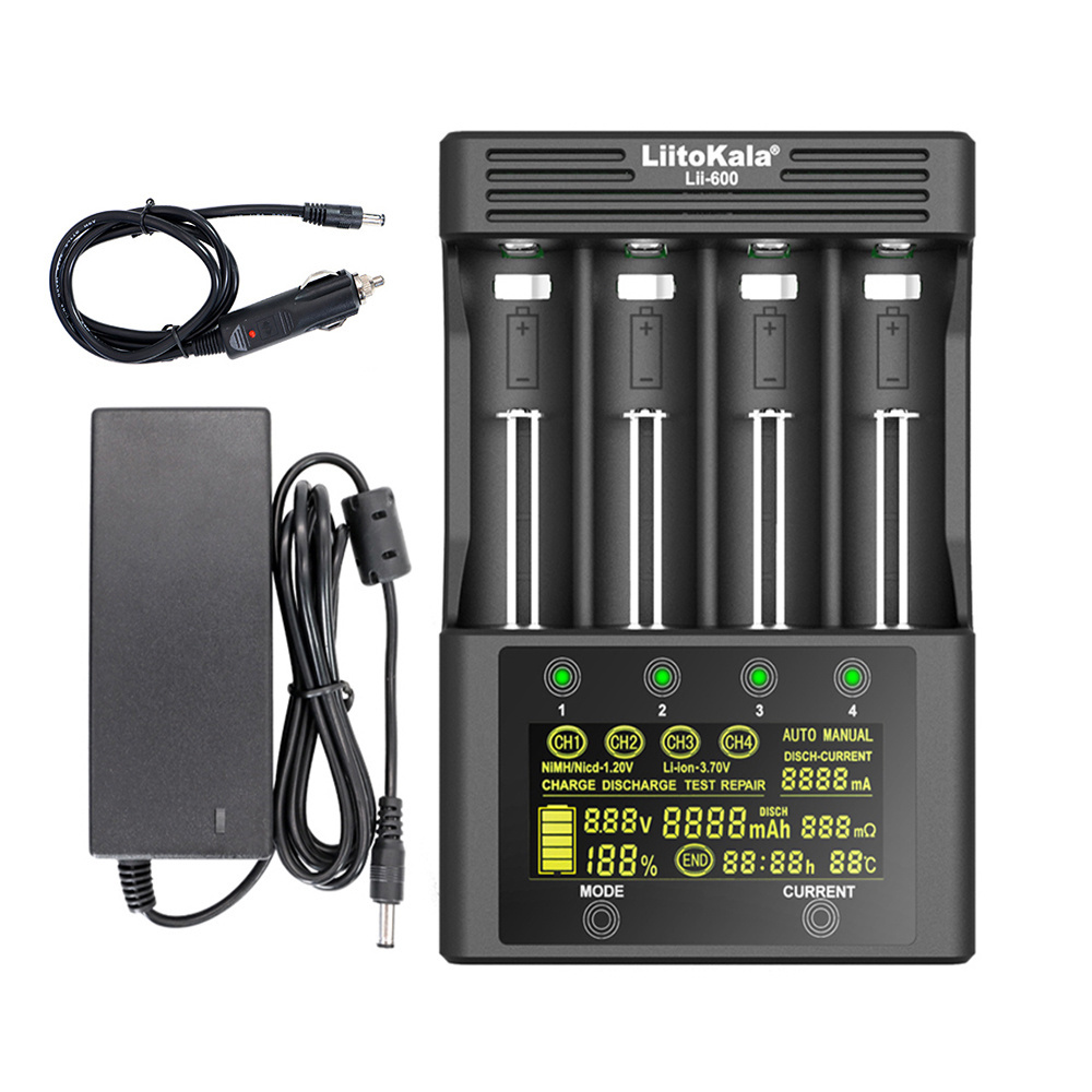 LiittKala lii 600 intelligent LCD charger is suitable for 18650 26650 21700 18350 20650 14500 lithium batteries, AA, AAA Ni-MH.