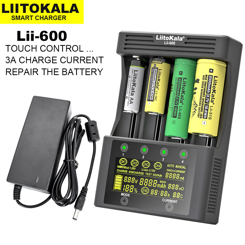 LiittKala lii 600 intelligent LCD charger is suitable for 18650 26650 21700 18350 20650 14500 lithium batteries, AA, AAA Ni-MH.