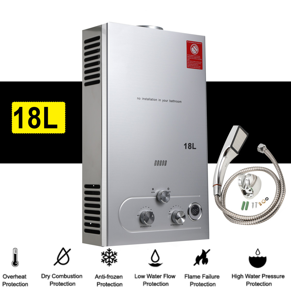 18L Silver Stainless Steel High Energy Efficient Household Smart LPG Instant Outdoor Portable Propane Gas Water Heater