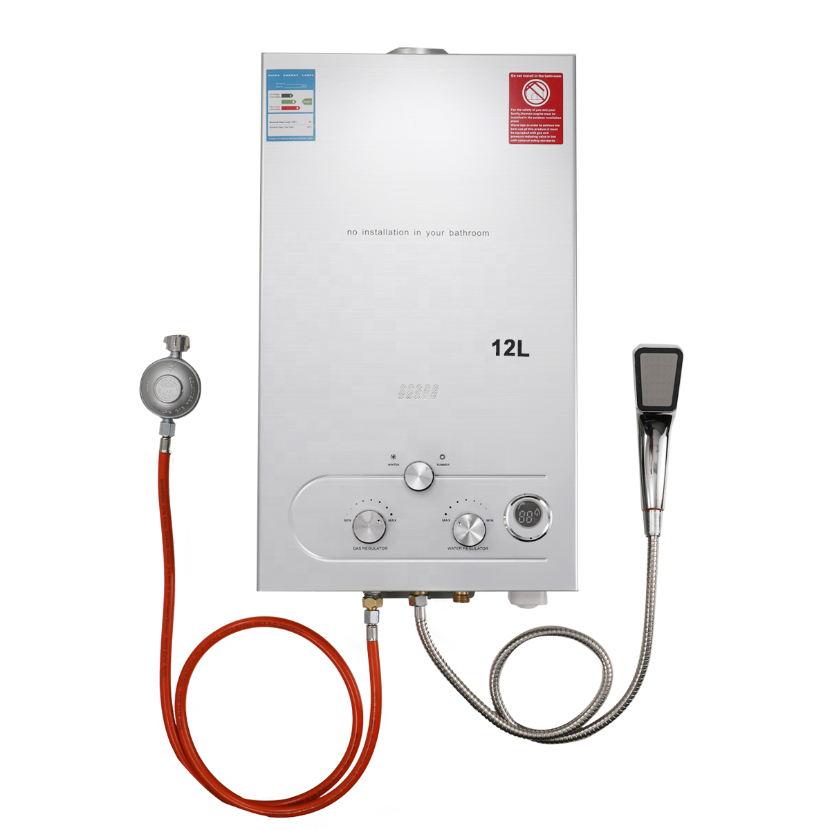 12L 3.2GPM Stainless Steel Gray LED Digital Display 24KW Tankless LPG Liquid Propane Gas Hot Water Heater with Shower Head Kit