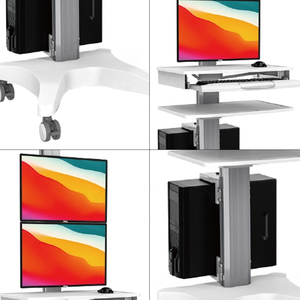 Hospital Medical Trolley Cart Mobile Workstation with 2 Monitor Mounts CPU Holder Keyboard Tray for Laboratory Clinic