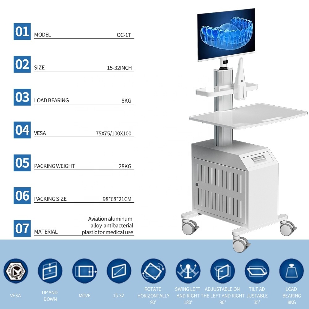 Medical Trolley Cart for Hospital Dental with Monitor Mount Oral Scanner Holder CPU Holder Box Mobile Nurse Around Cart