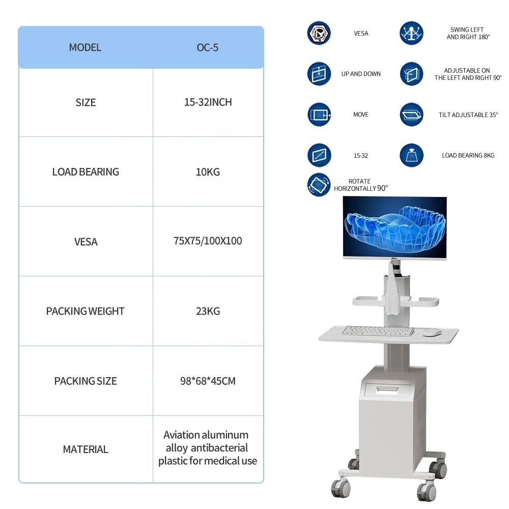 Medical Trolley Cart for Hospital Dental with Monitor Mount Oral Scanner Holder CPU Box Mobile Nurse Computer Trolley