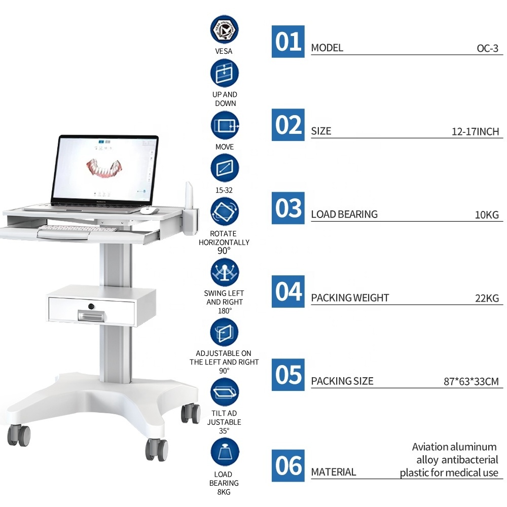 Hospital Medical Cart with Laptop Pallet and Oral Scanner Holder Office Mobile Trolley for Dental Clinic 3 Shape itero