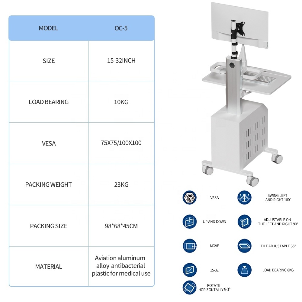 Medical Trolley Cart for Hospital Dental with Monitor Mount Oral Scanner Holder CPU Holder Box Mobile Nurse Computer Trolley