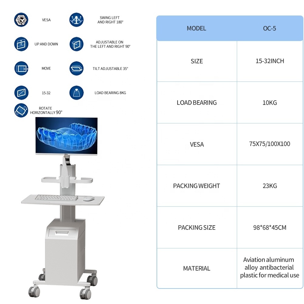 Dental Oral Scanning Cart for Hospital Dental with Monitor Mount Oral Scanner Holder CPU Holder Box Mobile Nurse Cart