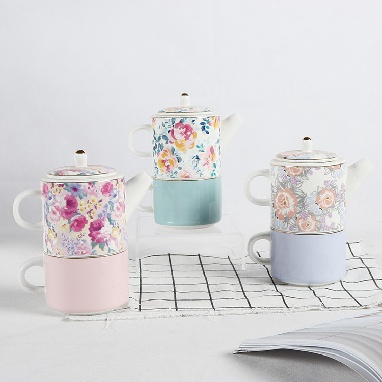 Custom Modern Ins Home Hotel Elegant Flower Decal Design Porcelain Teapot And Cup Set In One