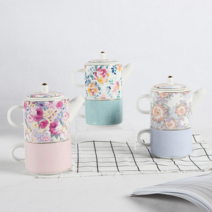 Custom Modern Ins Home Hotel Elegant Flower Decal Design Porcelain Teapot And Cup Set In One