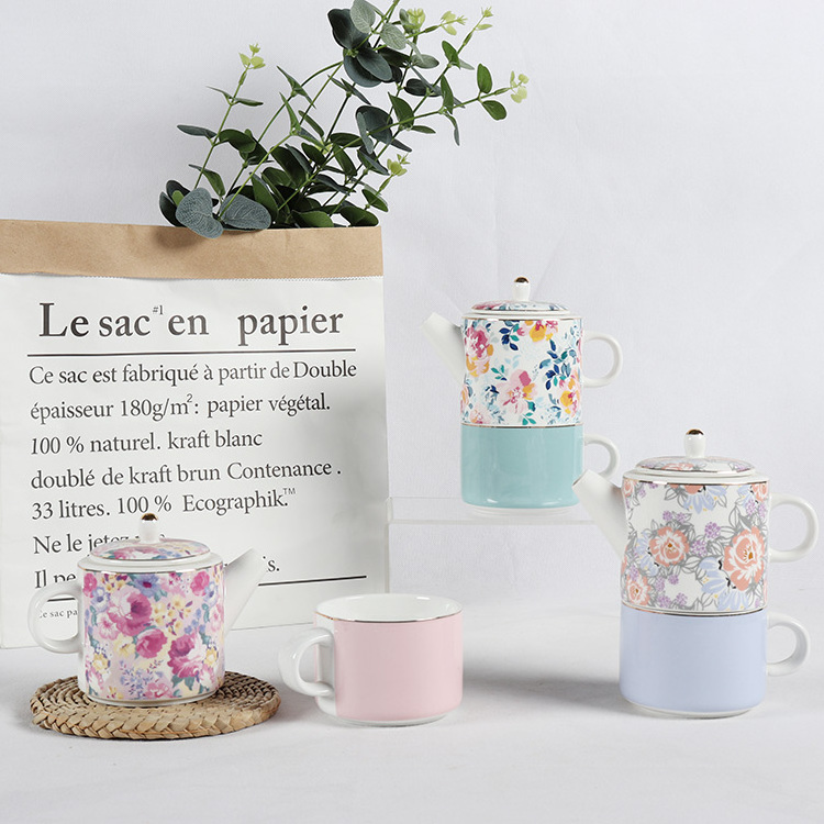 Custom Modern Ins Home Hotel Elegant Flower Decal Design Porcelain Teapot And Cup Set In One