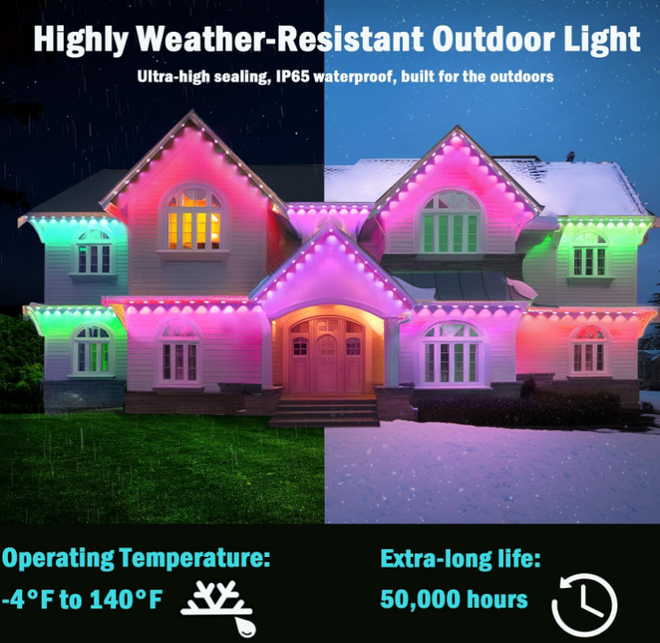 Smart Wireless APP Control LED RGBIC 36V Christmas Holiday Light String WS2811 IP67 Outdoor Eave Light