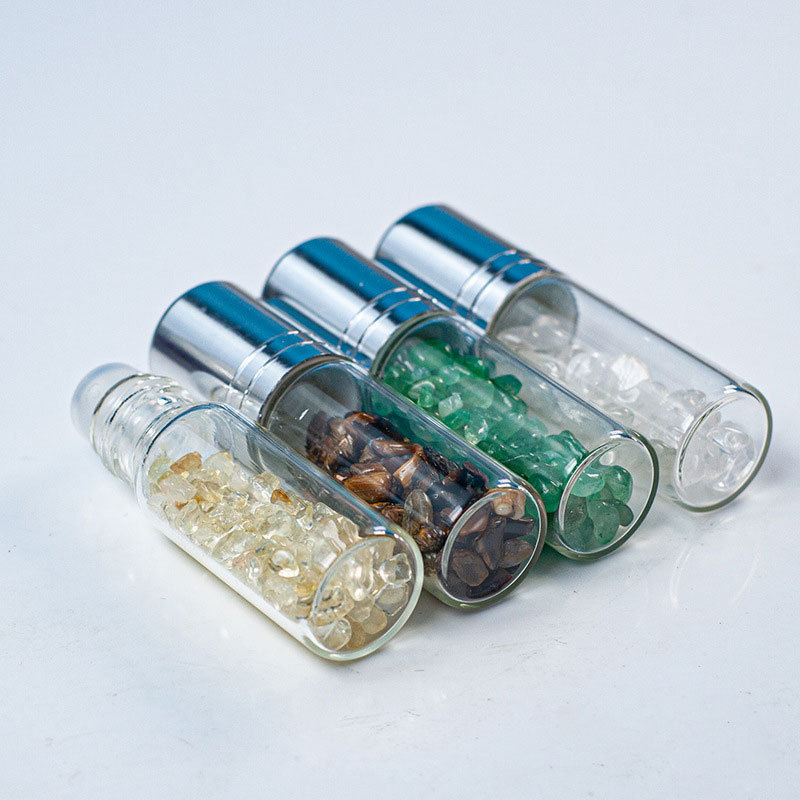 Gems 10 ml Roller Balls for Essential Oils Small Glass Roller Bottles with Decorative Tops  Mini Tumbled Crystals Chips Inside